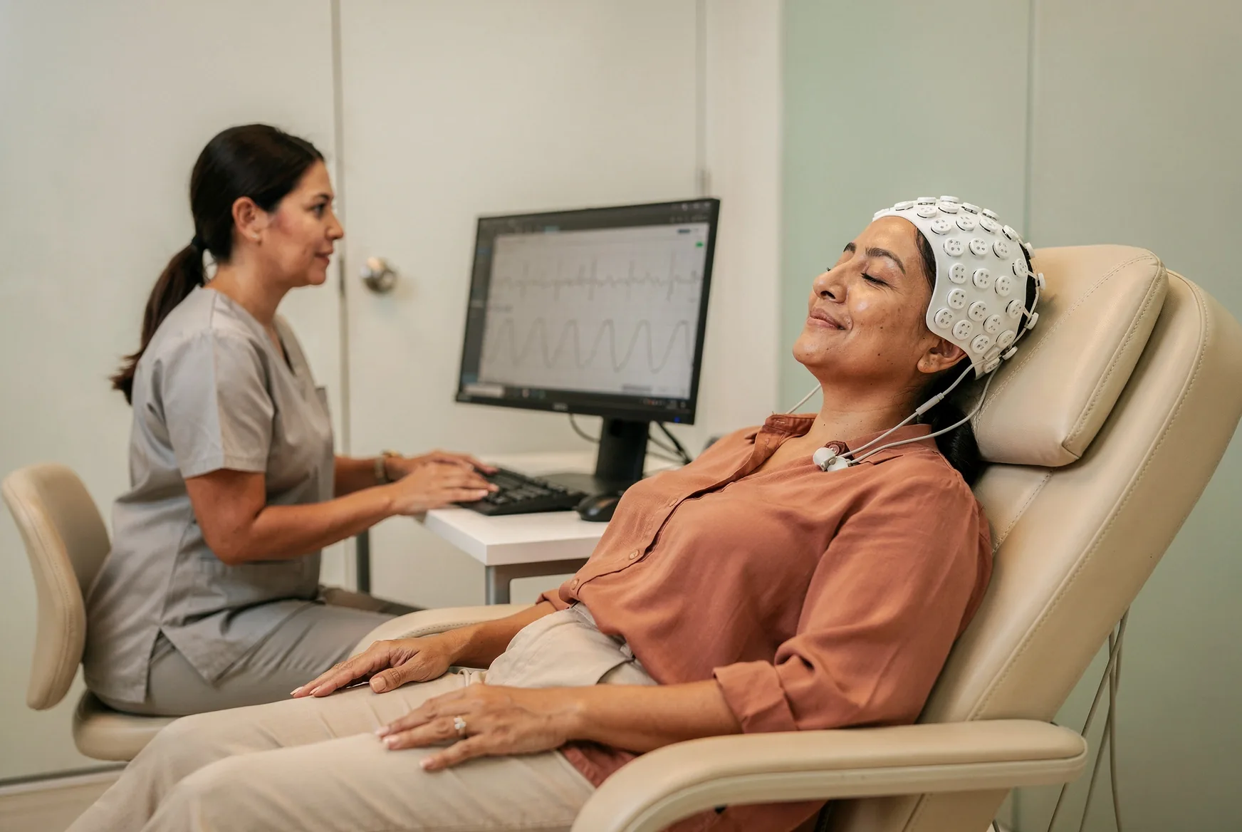 Paciente descansa con los ojos cerrados durante su electroencefalograma