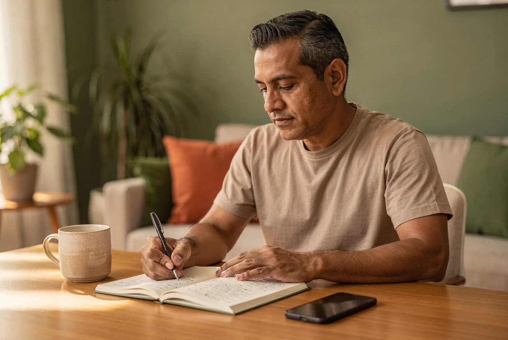 Hombre anota en una libreta cómo han sido sus episodios